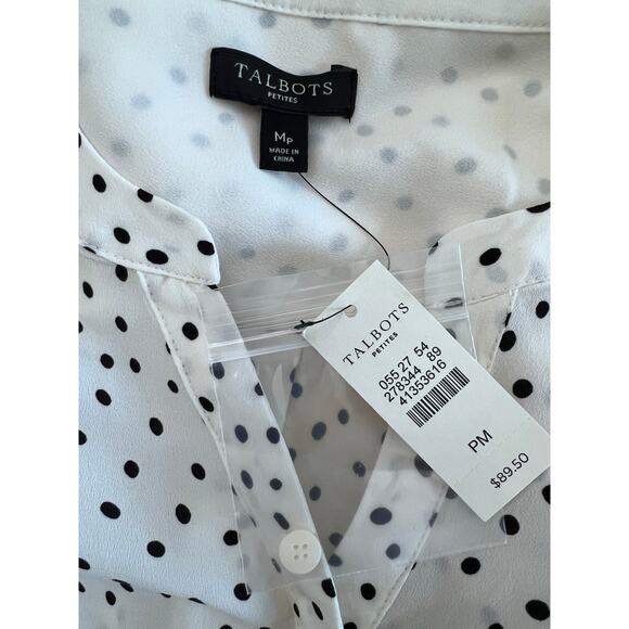 Talbots Blouse Sz MP NWT White Black Polka Dots 1/4 Button Long Sleeves Preppy - Picture 4 of 7